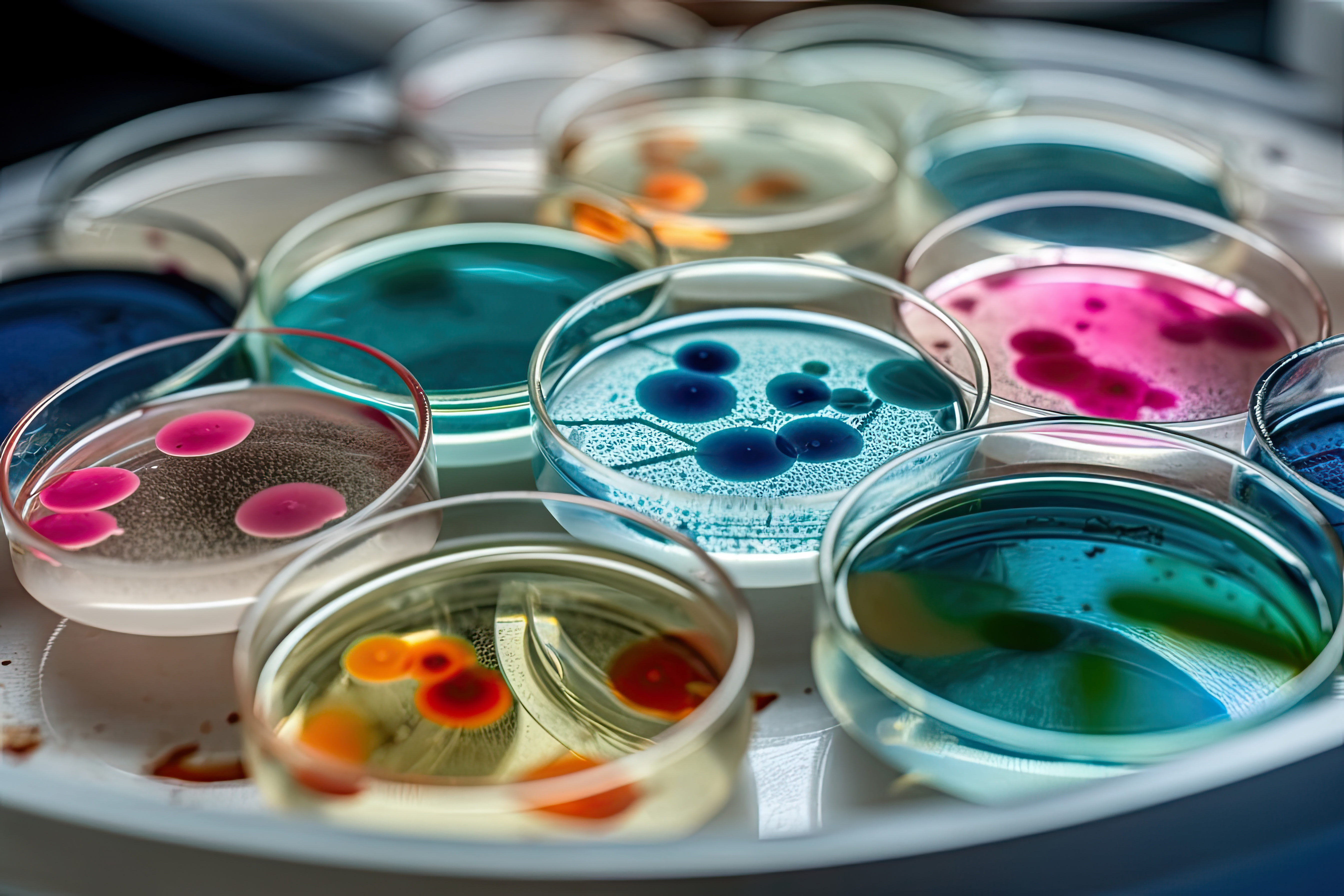 Colorful variety of microorganism inside petri dish plate in laboratory with super macro zoom background, including of bacteria, protozoa, algae, and fungi